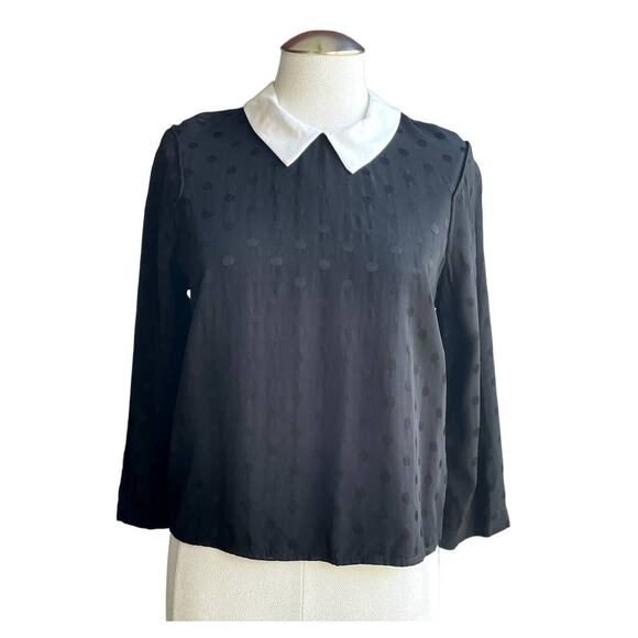 Women's Zara Black Polka Dot White Collared Blouse Zip Back Cropped‎ Top Medium - Picture 1 of 10